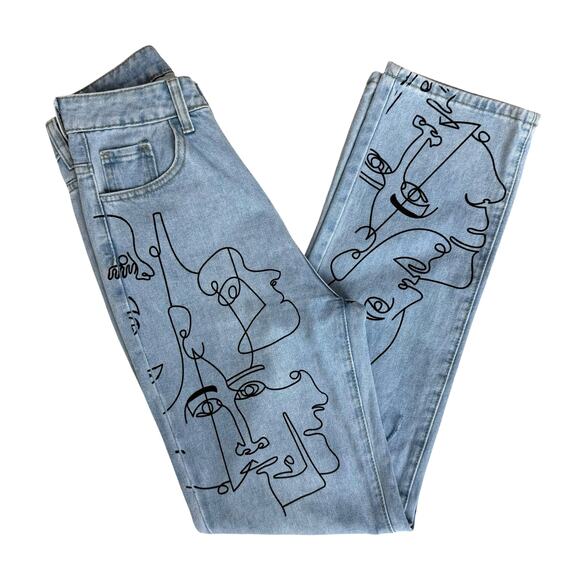 Distressed Faded Denim Mom Jeans Women 26" Waist Wide Leg High Rise Wearable Art - Picture 2 of 16